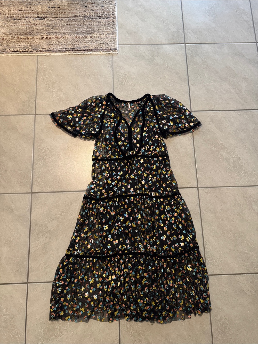 Free People Black Floral Tiered V-Neck Midi Dress